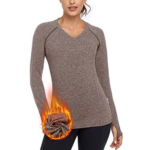 SonevenThermoshirt Damen Langarm Winter V Ausschnitt Damen Oberteil Laufshirt Funktionsshirt Damen Langarm Sport Langarmshirt Damen Warm Sportoberteile Atmungsaktiv mit Daumenlöche Braun S von Soneven