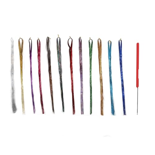 Mädchen-Haar-Lametta-Set mit Werkzeug, 12 Farben, Funkelnd Glänzende Haarsträhnen für Haarverlängerungen, Dreadlock-Flechtfaden, Haar-Accessoires für Frauen und Mädchen von Sonew
