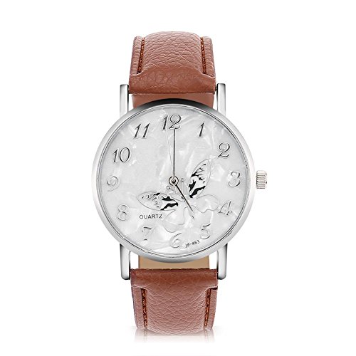 Sonew Frauen Quarz Uhr Weibliche analoge runde Armbanduhren PU-lederner Bügel Mode einfache Schmetterlings Entwurfs Armbanduhr(Coffee) von Sonew