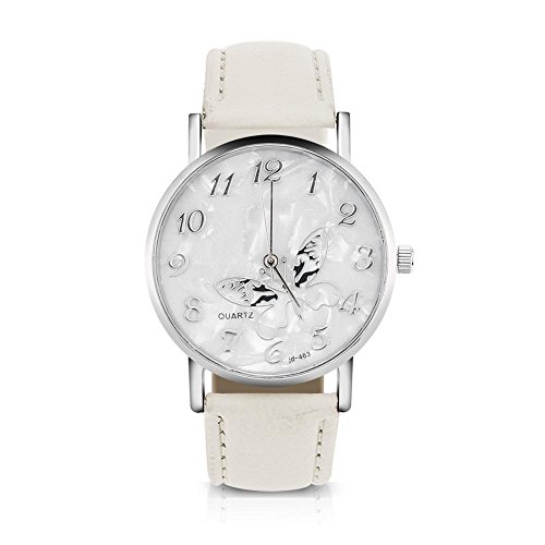 Sonew Frauen Quarz Uhr, Weibliche Analog Quarzuhr Runde Armbanduhren mit PU-lederner Bügel Mode einfache Schmetterlings Entwurfs Armbanduhr(White) von Sonew