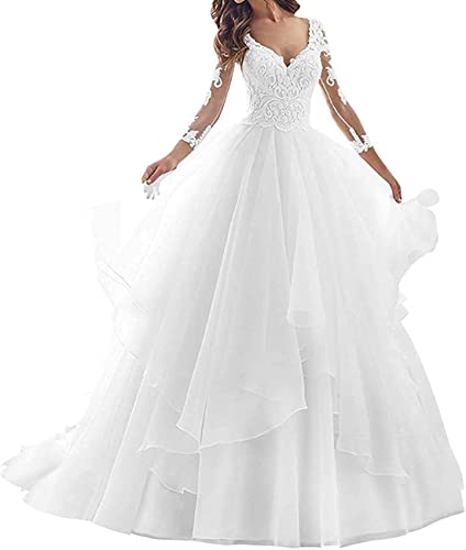 Hochzeitskleid Brautkleid A-Linie V Ausschnitt Damen Prinzessin Brautkleider Langarm Elfenbein 36 von SongSurpriseMall