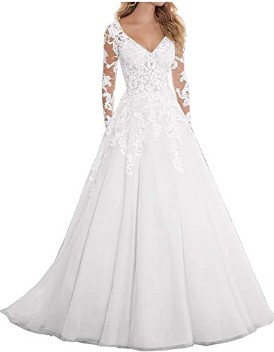 Hochzeitskleid Brautkleid Langarm Abendkleid Tüll Spitze Damenkleid A-Linie Elfenbein 50 von SongSurpriseMall