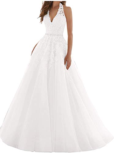 Hochzeitskleid Brautkleid Neckholder Spitze Tüll Abendkleid A-Linie Rückenfrei Weiß 48 von SongSurpriseMall
