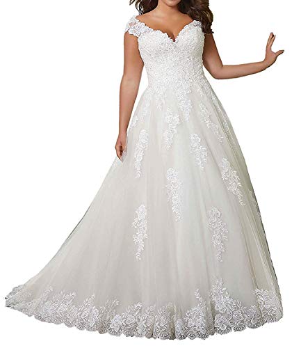 SongSurpriseMall Brautkleider Damen Hochzeitskleider Große Größen V-Ausschnitt Spitze Summer Brautkleid Ballkleid Elfenbein 44 von SongSurpriseMall