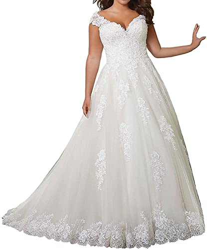 SongSurpriseMall Brautkleider Damen Hochzeitskleider Große Größen V-Ausschnitt Spitze Summer Brautkleid Ballkleider Weiß 50 von SongSurpriseMall