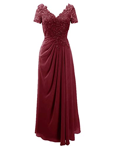 SongSurpriseMall Brautmutterkleider Kurzarm Spitze Abendkleider Lang V Ausschnitt Mutter Kleider für Hochzeit Chiffon Burgund EU50 von SongSurpriseMall