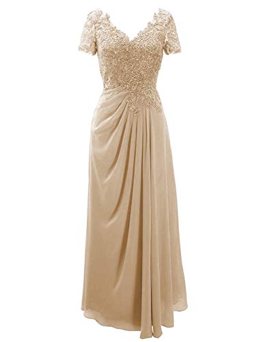 SongSurpriseMall Brautmutterkleider Kurzarm Spitze Abendkleider Lang V Ausschnitt Mutter Kleider für Hochzeit Chiffon Champagner EU40 von SongSurpriseMall