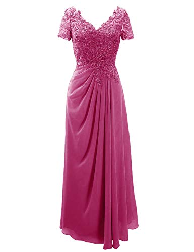 SongSurpriseMall Brautmutterkleider Kurzarm Spitze Abendkleider Lang V Ausschnitt Mutter Kleider für Hochzeit Chiffon Fuchsia EU46 von SongSurpriseMall