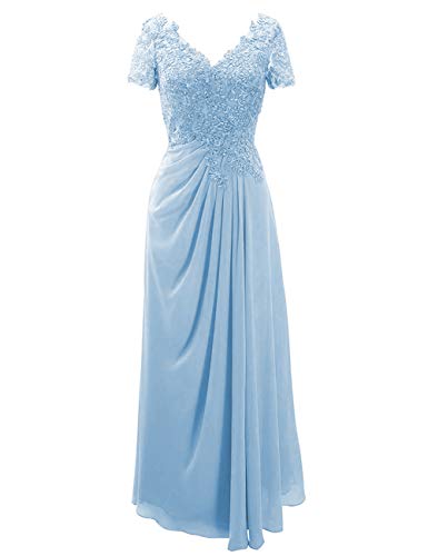 SongSurpriseMall Brautmutterkleider Kurzarm Spitze Abendkleider Lang V Ausschnitt Mutter Kleider für Hochzeit Chiffon Hellblau EU44 von SongSurpriseMall