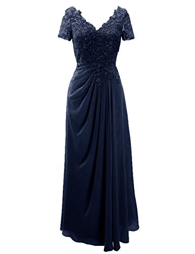 SongSurpriseMall Brautmutterkleider Kurzarm Spitze Abendkleider Lang V Ausschnitt Mutter Kleider für Hochzeit Chiffon Marineblau EU32 von SongSurpriseMall