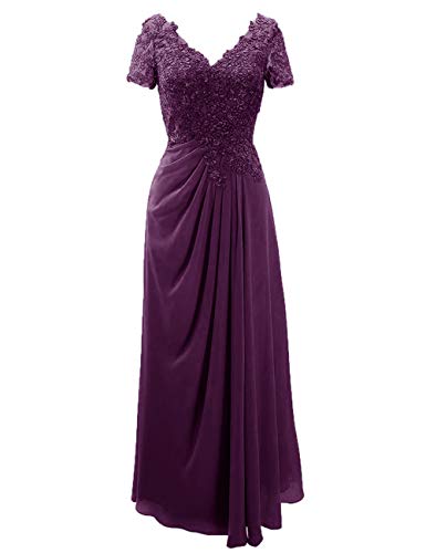 SongSurpriseMall Brautmutterkleider Kurzarm Spitze Abendkleider Lang V Ausschnitt Mutter Kleider für Hochzeit Chiffon Traube EU50 von SongSurpriseMall