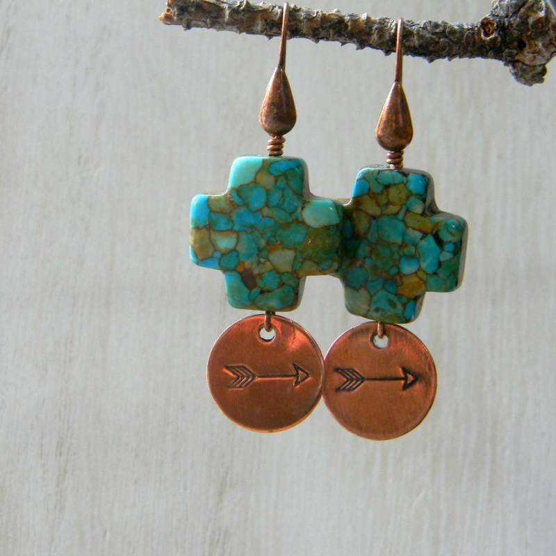 Pfeil Schmuck Türkis Ohrringe Geschenk Für Abenteurer Einzigartiges Kupfer Handgestempelt 7 Jahre Jubiläum von SongbirdCabinDesigns