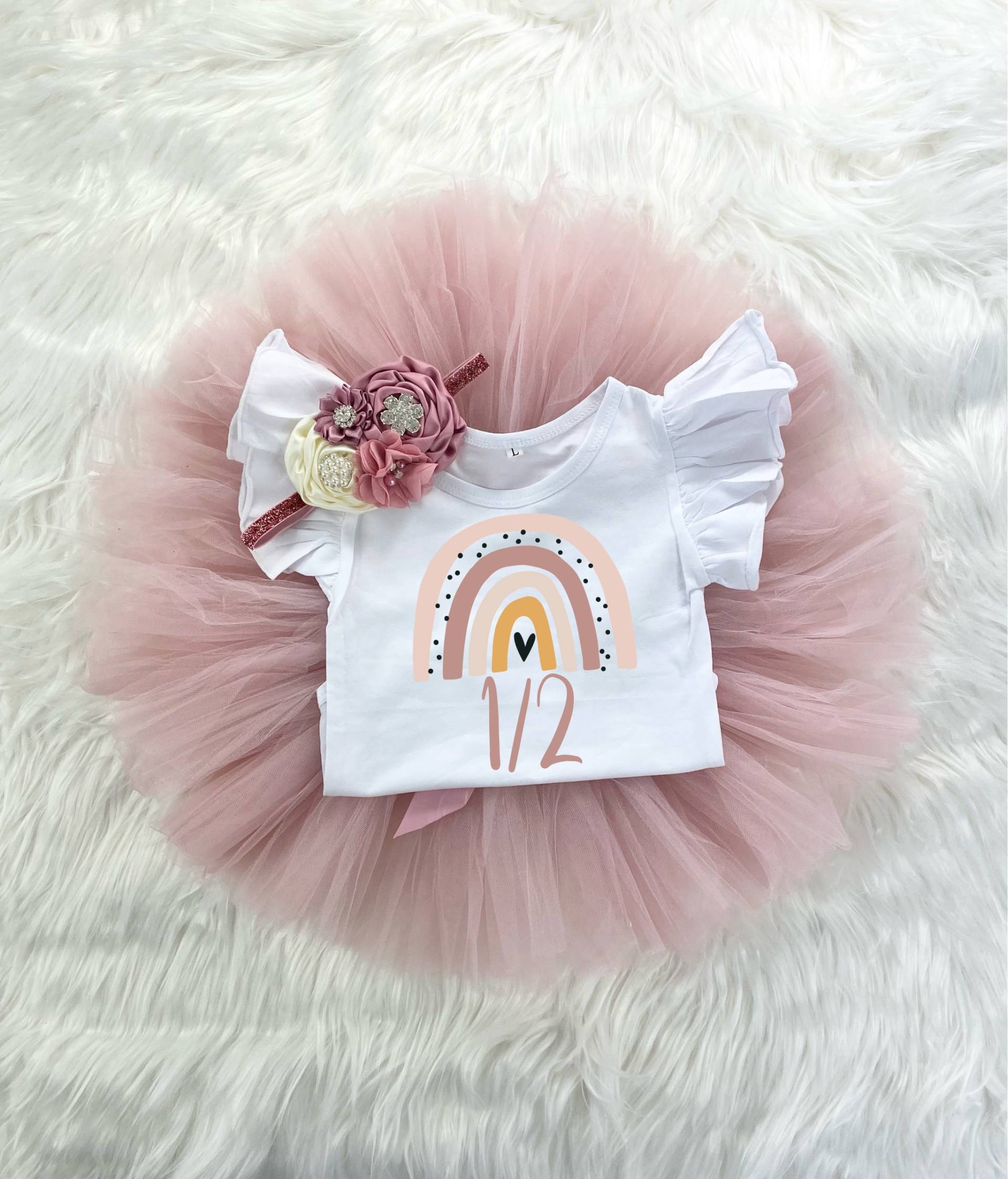 Boho Regenbogen 1/2 Halber Geburtstag Mädchen Mauve Rose Gold Tütü Outfit, Vintage Onesie®, Cake Smash, Blumen Stirnband, Sommer Outfit von SongbirdCelebrations