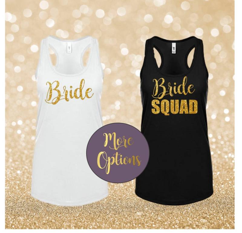 Braut Squad Tank Top Bachelorette Party Shirt Schwarz Gold Glitter Racerback Strand Hochzeit Junggesellinnenabschied Stamm Brautjungfer Geschenk Plus von SongbirdCelebrations