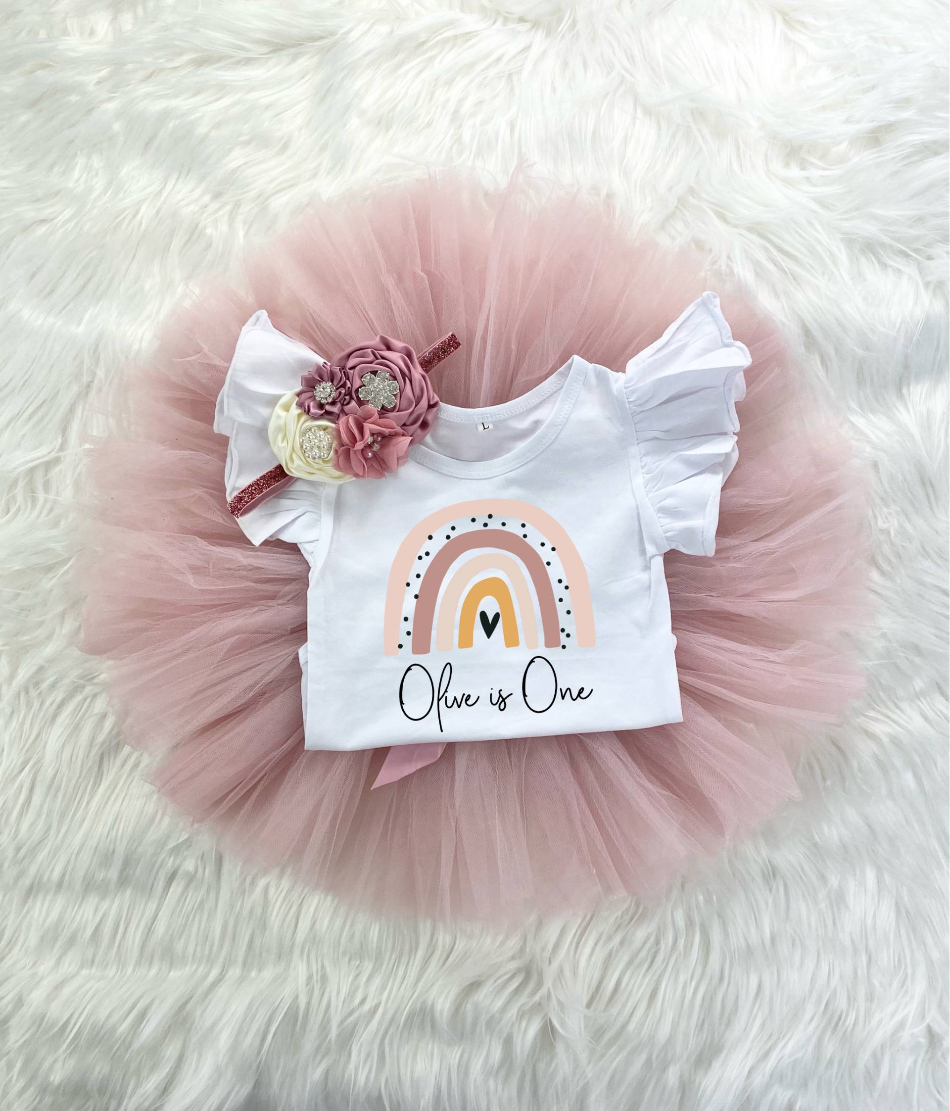 Personalisierte Boho Regenbogen 1. Geburtstag Mädchen Mauve Rose Gold Tütü Outfit, Vintage Onesie®, Cake Smash, Blumen Stirnband, Sommer von SongbirdCelebrations