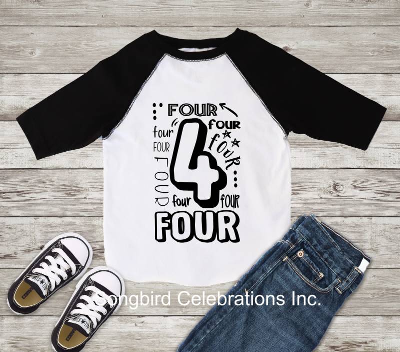 Vierte Geburtstag Junge Shirt 4. Vier Wort 4 Baseball Raglan Jersey Stil Personalisierte Namen Und Nummer Auf Back Forth von SongbirdCelebrations
