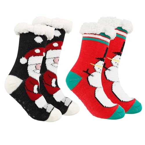 2 Paar Damen-Socken mit Fleece-Futter, flauschige Haussocken mit Greifern, Thermo-Thermo-Strümpfe, warmes Fleecefutter, Schneemann mit schwarzem H, Einheitsgröße von Songelt