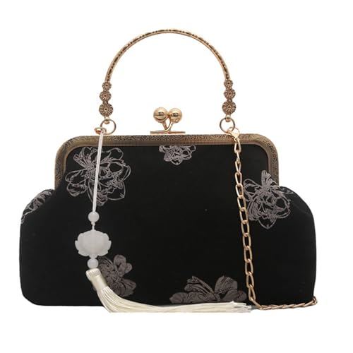 Luxuriöse Kette Cheongsam Tasche Elegante chinesische Stile Umhängetasche Auffällige Handtasche Stickerei Abend Party Geldbörse Praktisch Seide Samt Abend, Schwarz , One Size von Songelt