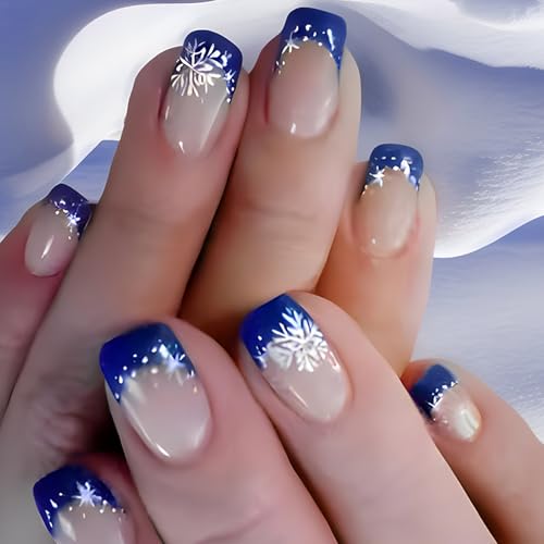 Nagelkunst, kurz, quadratisch, Weihnachten, zum Aufdrücken, mit blau-weißem und Schneeflocken-Muster, glänzend, volle Abdeckung, für Damen von Songelt