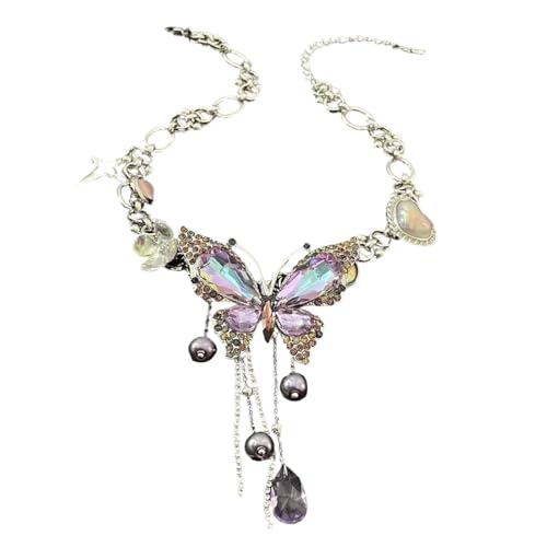 Songelt Schillernder Allover-Kristall-Schmetterlings-Charm-Halskette, bewegliche Fransen, Schlüsselbeinkette, verstellbare Halskette, Zirkonia, Zubehör von Songelt