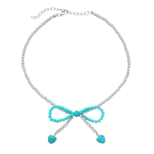 Songelt Stilvolle Türkisstein-Halskette, Schleifen-Anhänger, Halskette mit Herz-Anhänger, stilvolle Schlüsselbeinkette, Schmuck, Geschenk, natürlicher Türkis-Kristallschmuck von Songelt