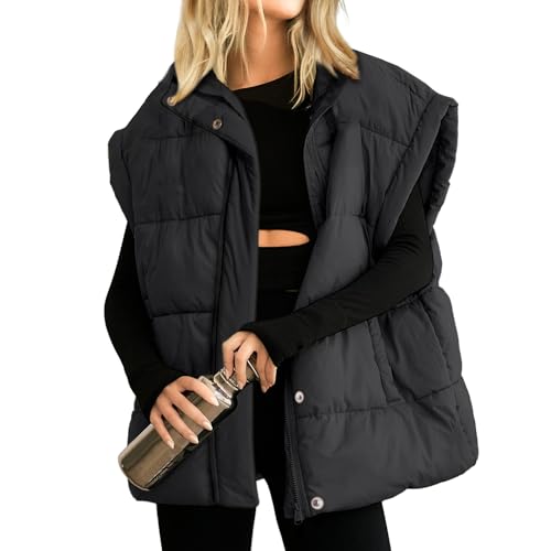 Songling Übergroße Pufferweste für Damen, Stehkragen, durchgehender Reißverschluss, ärmellos, gesteppt, gepolstert, warmer Mantel, Outwear, Schwarz, XXL von Songling