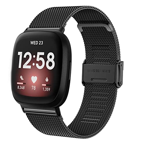 Songsier Fitbit Versa 3 Armband, Damen Herren Edelstahl Handgelenk Metall Ersatzband Armband Klassische Schnalle Armband für Fitbit Versa 4, Fitbit Sense 2, Fitbit Sense von Songsier