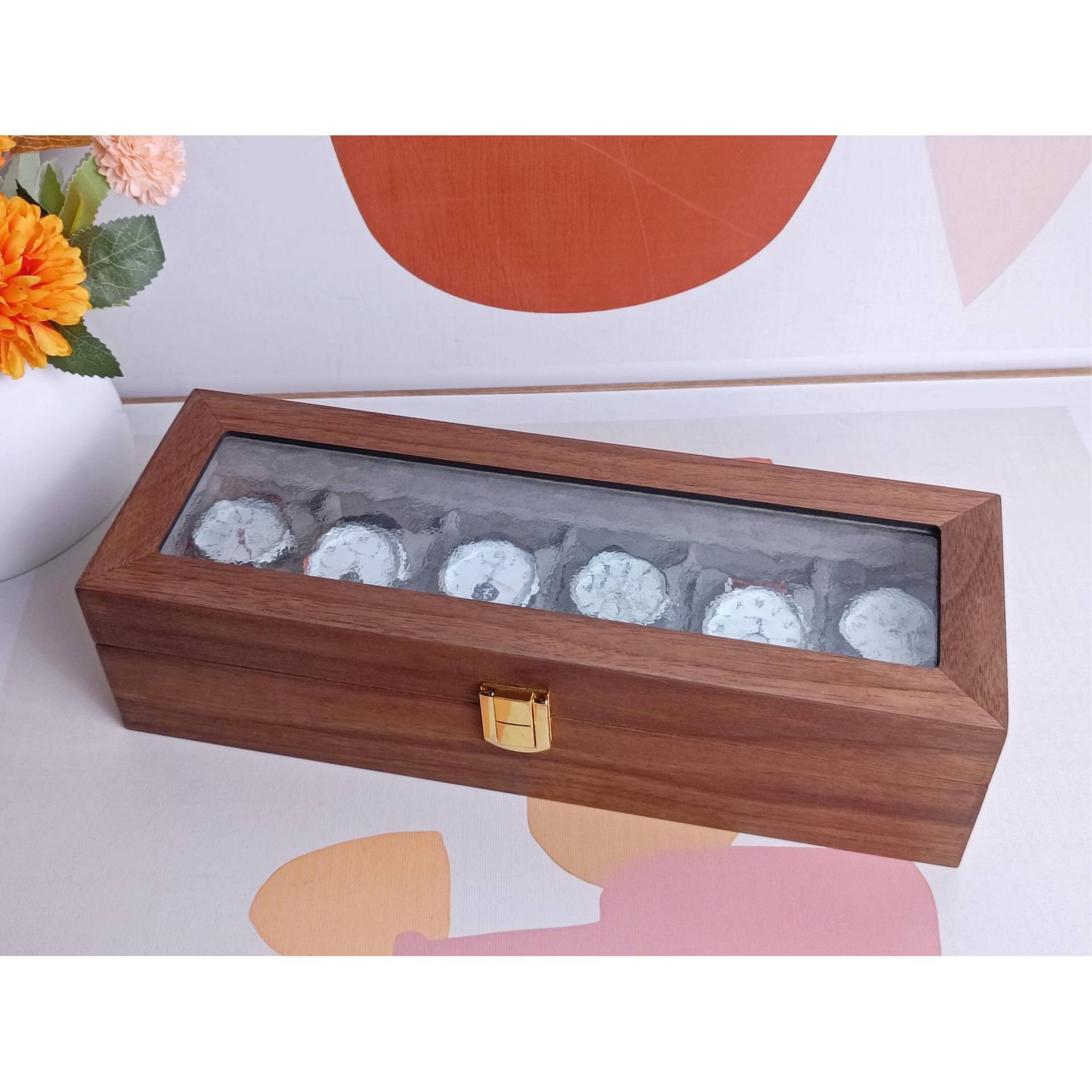 Water Ripple Glass Watch Box, 6 Slots Walnut Organizer, Personalized Storage Wooden Birthday Anniversary Gift von Sonhha