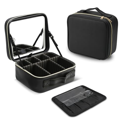 Reise-Make-up-Tasche mit LED-Spiegel, Kosmetik-Zug-Organizer, tragbarer Make-up-Koffer mit verstellbaren Trennwänden, Kulturbeutel, Make-up-Pinsel, Aufbewahrungsbox für Damen, Make-up-Künstler, 25,4 x von Sonhomay