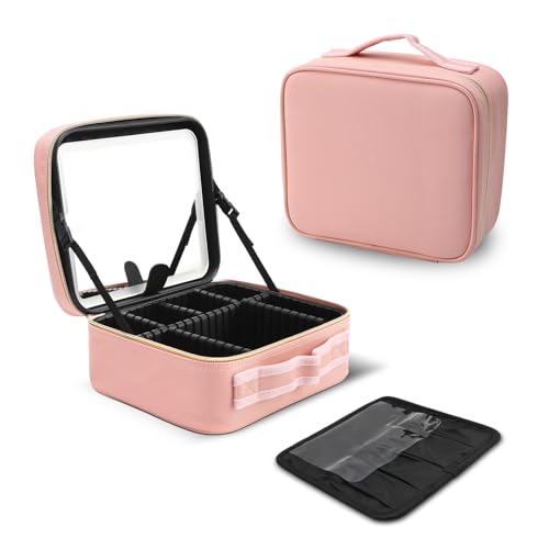 Reise-Make-up-Tasche mit LED-Spiegel, Kosmetik-Zug-Organizer, tragbarer Make-up-Koffer mit verstellbaren Trennwänden, Kulturbeutel, Make-up-Pinsel, Aufbewahrungsbox für Damen, Make-up-Künstler, 25,4 x von Sonhomay