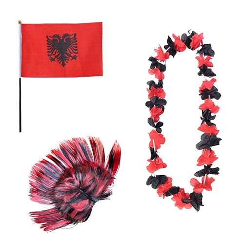 Sonia Originelli Fanset Fanartikel Fahne Perücke Blumenkette Hawaiikette WM EM Farbe: Albanien Iro von Sonia Originelli