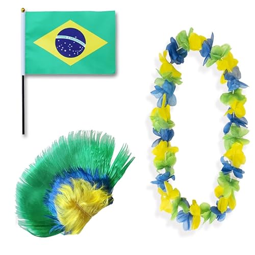 Sonia Originelli Fanset Fanartikel Fahne Perücke Blumenkette Hawaiikette WM EM Farbe: Brasilien Iro von Sonia Originelli