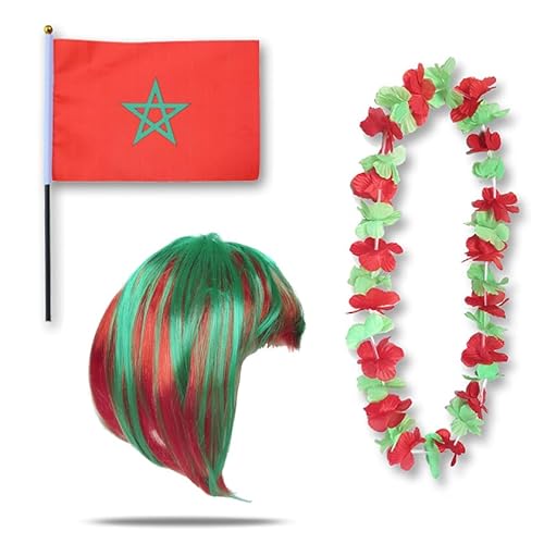 Sonia Originelli Fanset Fanartikel Fahne Perücke Blumenkette Hawaiikette WM EM Farbe: Marokko Bob von Sonia Originelli