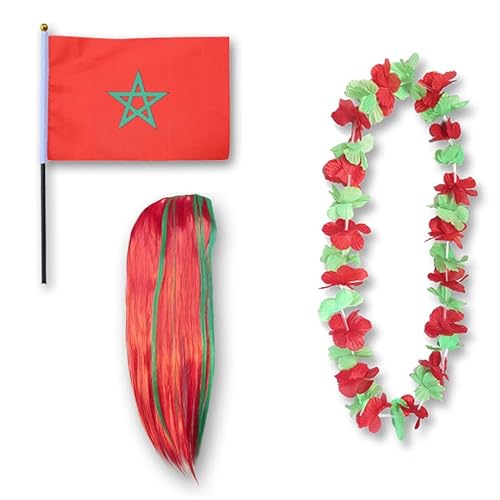 Sonia Originelli Fanset Fanartikel Fahne Perücke Blumenkette Hawaiikette WM EM Farbe: Marokko LH von Sonia Originelli