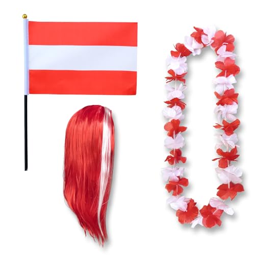 Sonia Originelli Fanset Fanartikel Fahne Perücke Blumenkette Hawaiikette WM EM Farbe: Österreich LH von Sonia Originelli