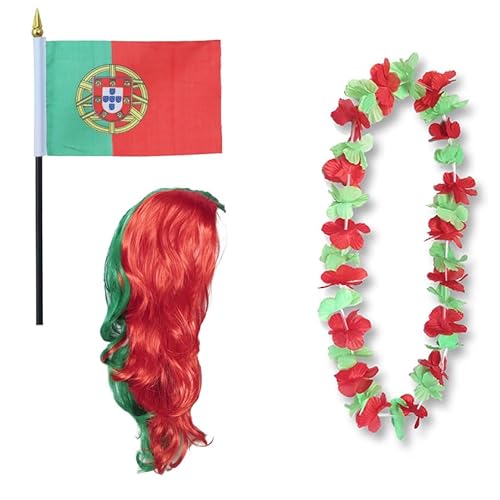 Sonia Originelli Fanset Fanartikel Fahne Perücke Blumenkette Hawaiikette WM EM Farbe: Portugal LH Lock von Sonia Originelli