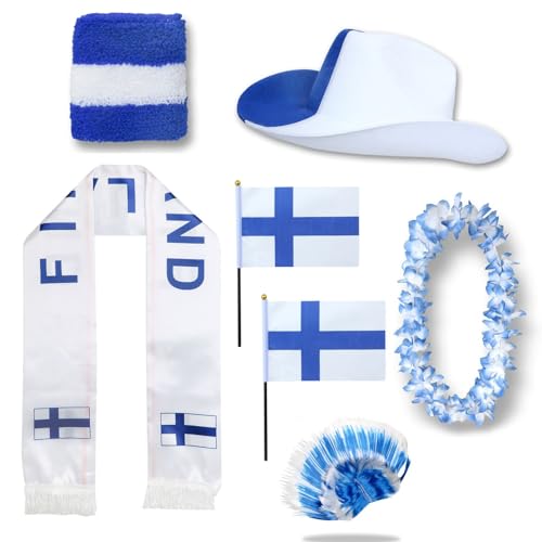 Sonia Originelli Fanset Fanartikel Fanhut Blumenkette Fanschal Schweißband Fähnchen Perücke WM EM Farbe: Finnland Irokese von Sonia Originelli