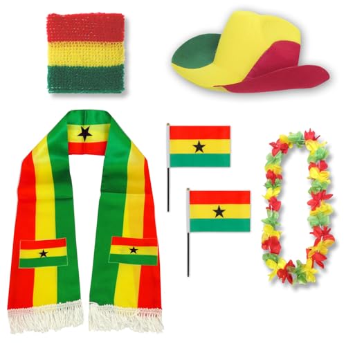 Sonia Originelli Fanset Fanartikel Fanhut Blumenkette Fanschal Schweißband Fähnchen WM EM Farbe: Ghana von Sonia Originelli