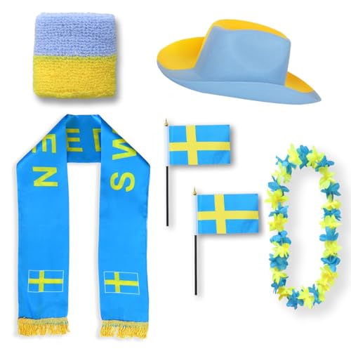 Sonia Originelli Fanset Fanartikel Fanhut Blumenkette Fanschal Schweißband Fähnchen WM EM Farbe: Schweden von Sonia Originelli