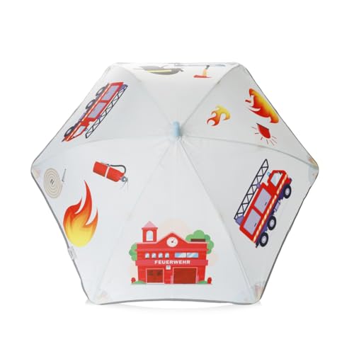 Sonia Originelli Kinder Regenschirm Feuerwehr Feuerwehrmann mit Klemmschutz Reflektionsstreifen und Namensschild von Sonia Originelli