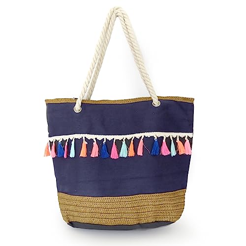 Sonia Originelli Shopper Strandtasche mit Quastenverzierung Neon Bommel Bastentasche Farbe marine von Sonia Originelli