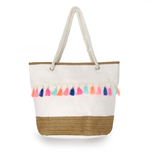 Sonia Originelli Shopper Strandtasche mit Quastenverzierung Neon Bommel Bastentasche Farbe beige von Sonia Originelli