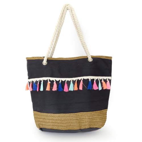 Sonia Originelli Shopper Strandtasche mit Quastenverzierung Neon Bommel Bastentasche Farbe schwarz von Sonia Originelli