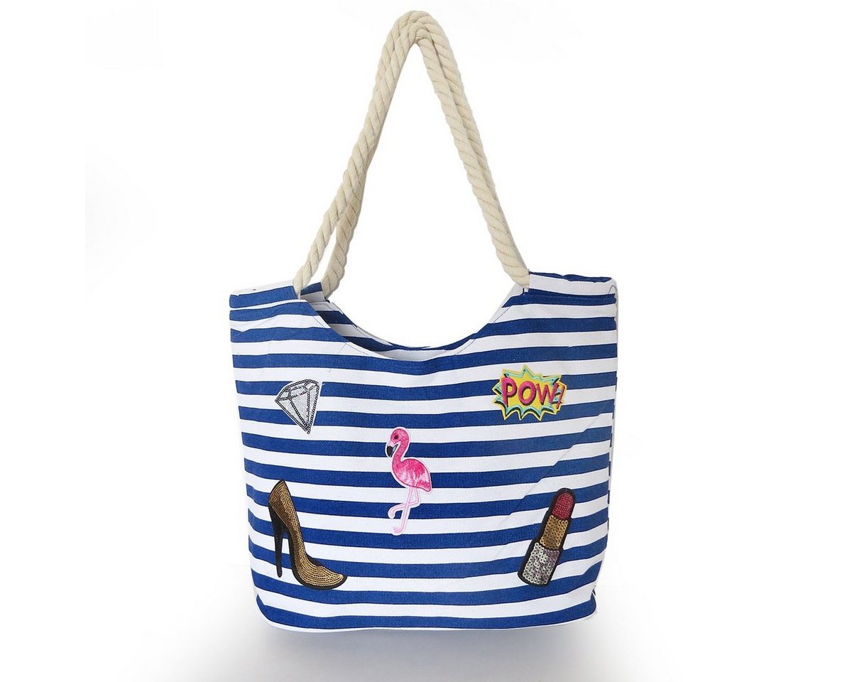 Sonia Originelli Umhängetasche Strandtasche maritim gestreift mit Patch Aufnähern Flamingo von Sonia Originelli