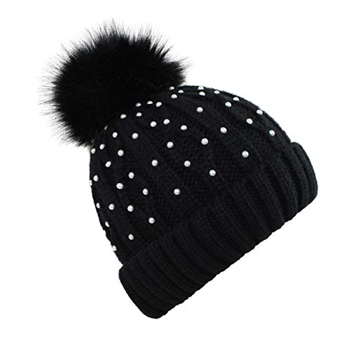 Sonia Originelli Winter Beanie Mütze Perlen Zopfmuster XL Bommel Teddyfell Farbe Schwarz von Sonia Originelli