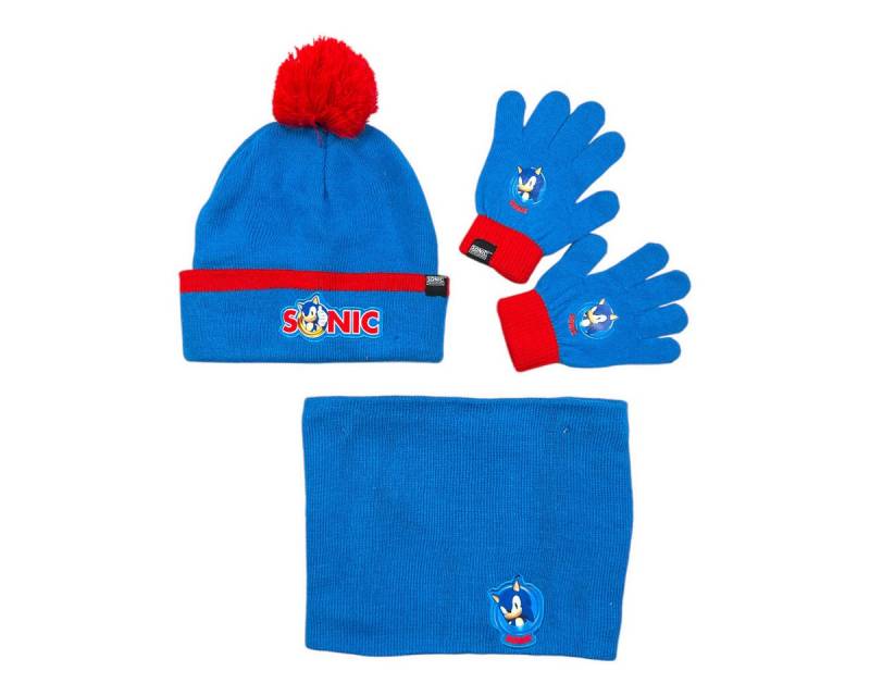 Sonic The Hedgehog Bommelmütze Sonic Set Kinder Herbst 3tlg Set Wintermütze Snood Handschuhe Gr. 54 von Sonic The Hedgehog
