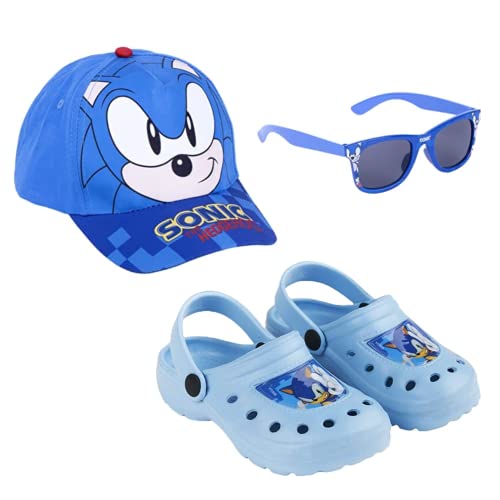 Sonic The Hedgehog Clogs Sonnenbrille und Hut für Jungen, Leichte Sandalen, Sonic Design Sommersandalen, UV-Schutz für Kinder, Größe EU 26/27 | Blau von Sonic The Hedgehog