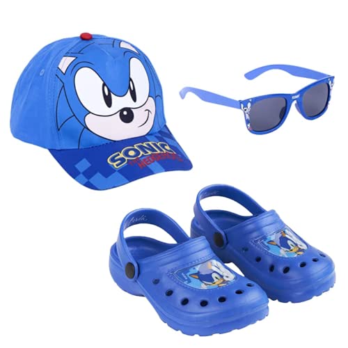 Sonic The Hedgehog Clogs Sonnenbrille und Hut für Jungen, Leichte Sandalen, Sonic Design Sommersandalen, UV-Schutz für Kinder, Größe EU 28/29 | Dunkelblau von Sonic The Hedgehog