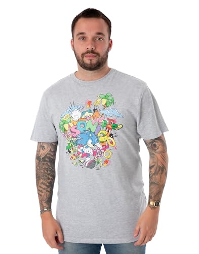 Sonic The Hedgehog Herren Kurzarm Grau T-Shirt | Green Hills Psychedelisches Design | Offizielles Sonic Merchandise | Komfortables T-Shirt für Gaming-Enthusiasten von Sonic The Hedgehog