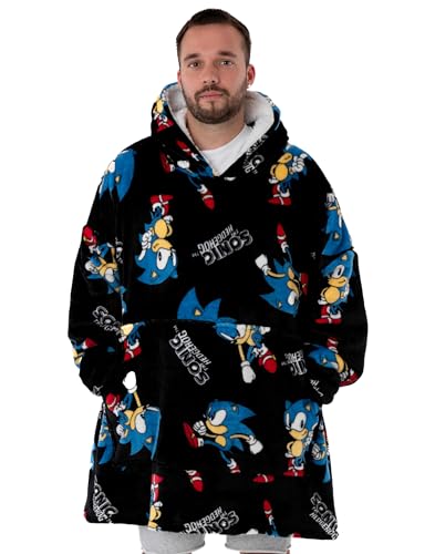 Sonic The Hedgehog Herren Schwarz Blanket Hoodie | Erlebe ultimativen Komfort in diesem Sonic VUddie | Einheitsgröße für alle | Entfessle gemütliche Abenteuer mit Sonic von Sonic The Hedgehog